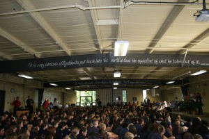 Students at Bok Academy Middle celebrate their school's designation as an Apple School of Distinction.