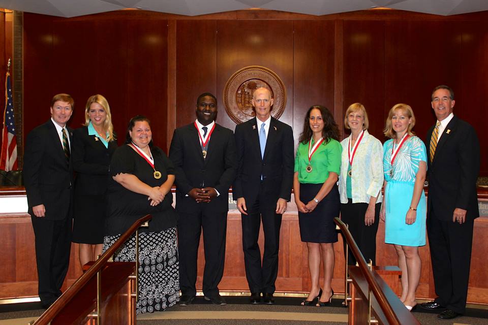 Gov. Rick Scott, center, recognizes the contributions of educators and advocates during a recent Florida Cabinet meeting. From left, Agriculture Commissioner Adam Putnam, Attorney General Pam Bondi, Andrea Sherman, Glen Gilzean, Merili Wyatt, Sue Mattson, Lauri Curri and Chief Financial Officer Jeff Atwater.